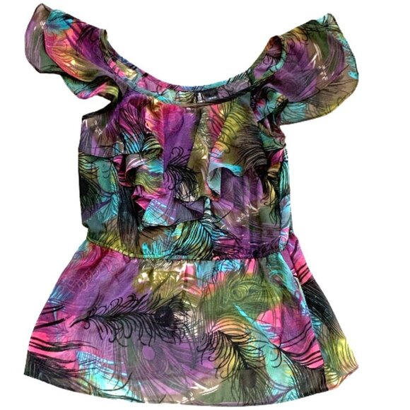 Bisou Bisou Sleeveless Sheer Ruffle Top Peacock Print Sz XS #138J - Picture 5 of 7